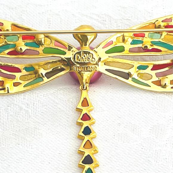 ⁣⁣⁣⁣Vtg Joan Rivers Stained Glass Pearl Dragonfly Brooch Articulated Tail Insect - Picture 4 of 7